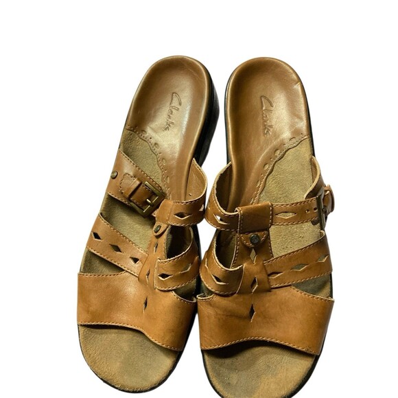 Clarks Tan Leather Slide Heeled Sandals Open Toe Bohemian Coastal Beach Size 7.5 - Picture 1 of 3